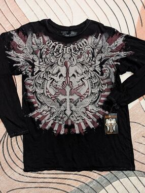 Affliction Sinful Skeleton Cross Long Sleeve 100% Cotton T-shirt, XXL, NWT